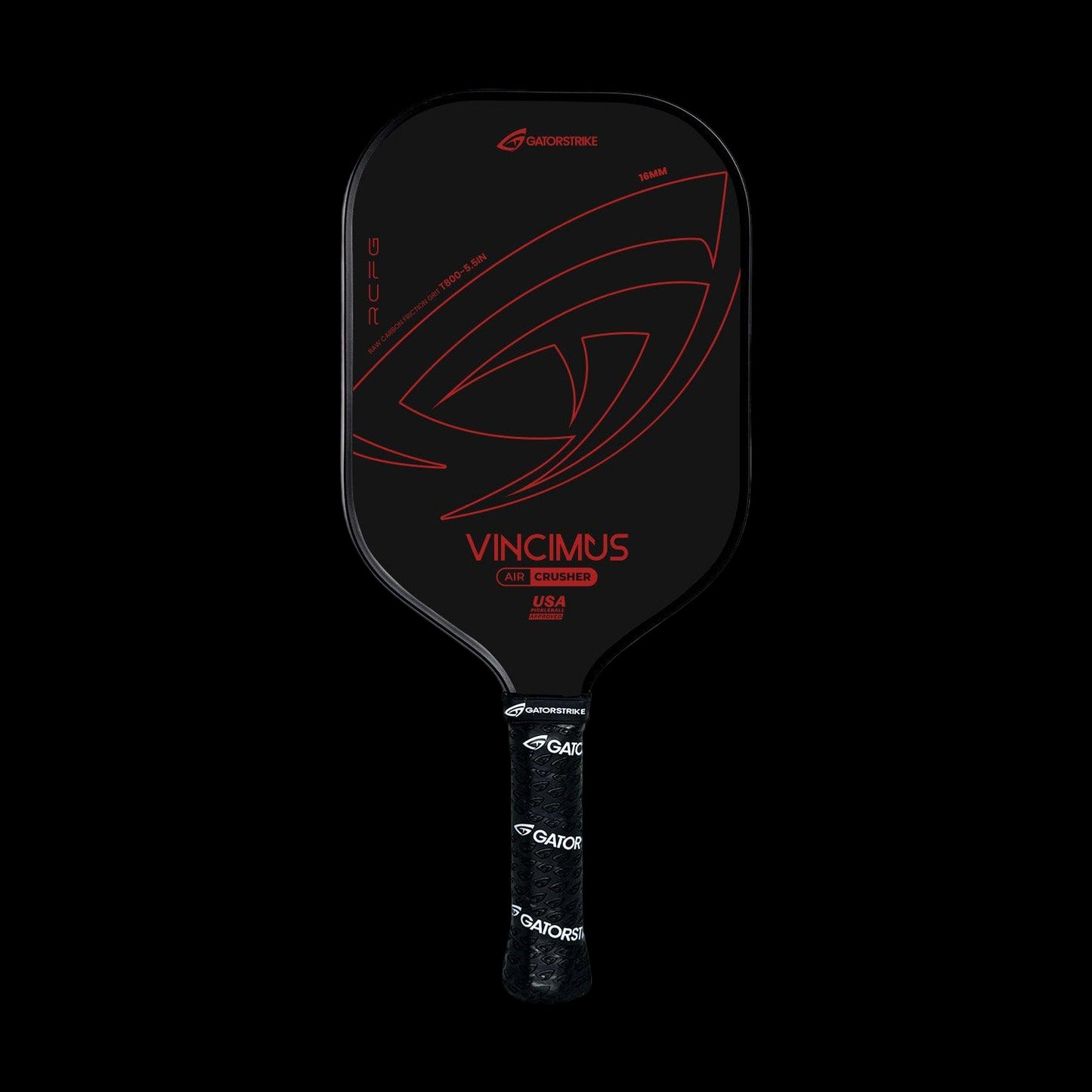 The VINCIMUS - AIR CRUSHER is a black GAOROSTRKE pickleball paddle with red accents, "VINCIMUS" in red, and a black grip with the brand name in white. Its unibody carbon fiber grit design ensures style and performance on a solid black background.