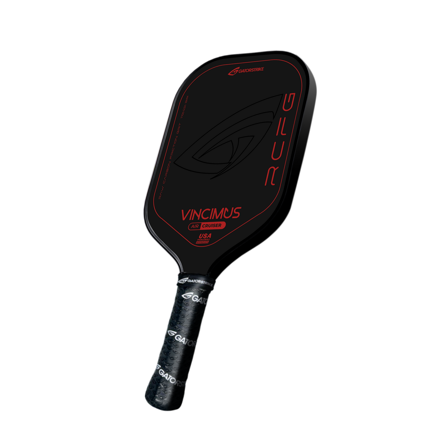 The VINCIMUS - AIR CRUISER pickleball paddle features a black carbon fiber face with red accents, showcasing the Vincimus and RURG logos, plus a textured black grip handle—all set against a plain white background.