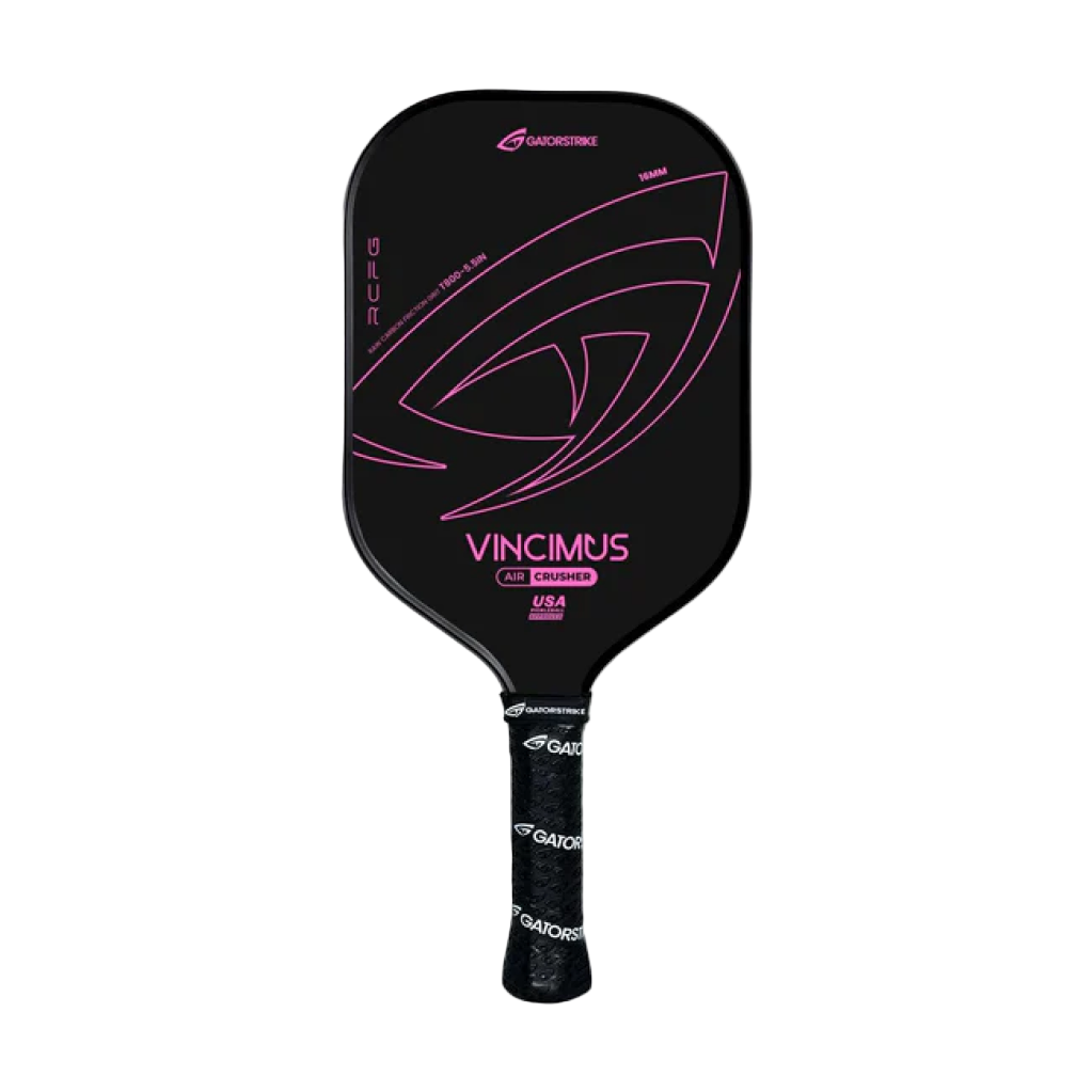 A black pickleball paddle with pink accents and designs. The paddle has the words VINCIMUS AIR CRUSHER USA in pink near the center and a textured black handle with the GAORSTRIKE logo in white. The overall style is sleek and modern.