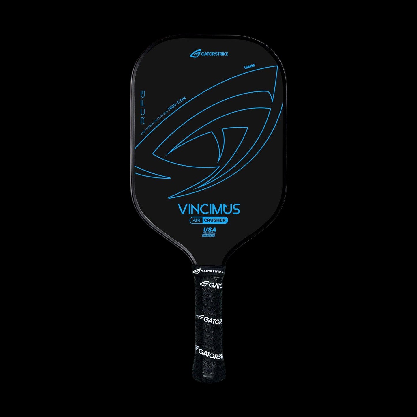 A black VINCIMUS - AIR CRUSHER pickleball paddle with blue accents features a unibody design, carbon fiber grit surface, and a black handle with a patterned GAORSTRIKE logo grip, all set against a solid black background.