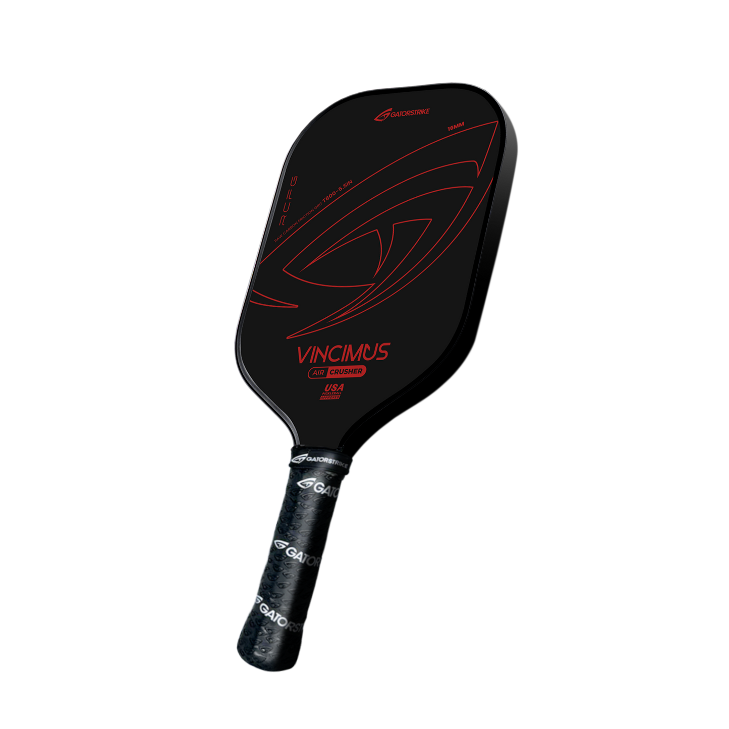 The VINCIMUS AIR CRUSHER is a black pickleball paddle with red accents, unibody design, carbon fiber grit for speed, and a textured black handle with white grip patterns on a plain white background.