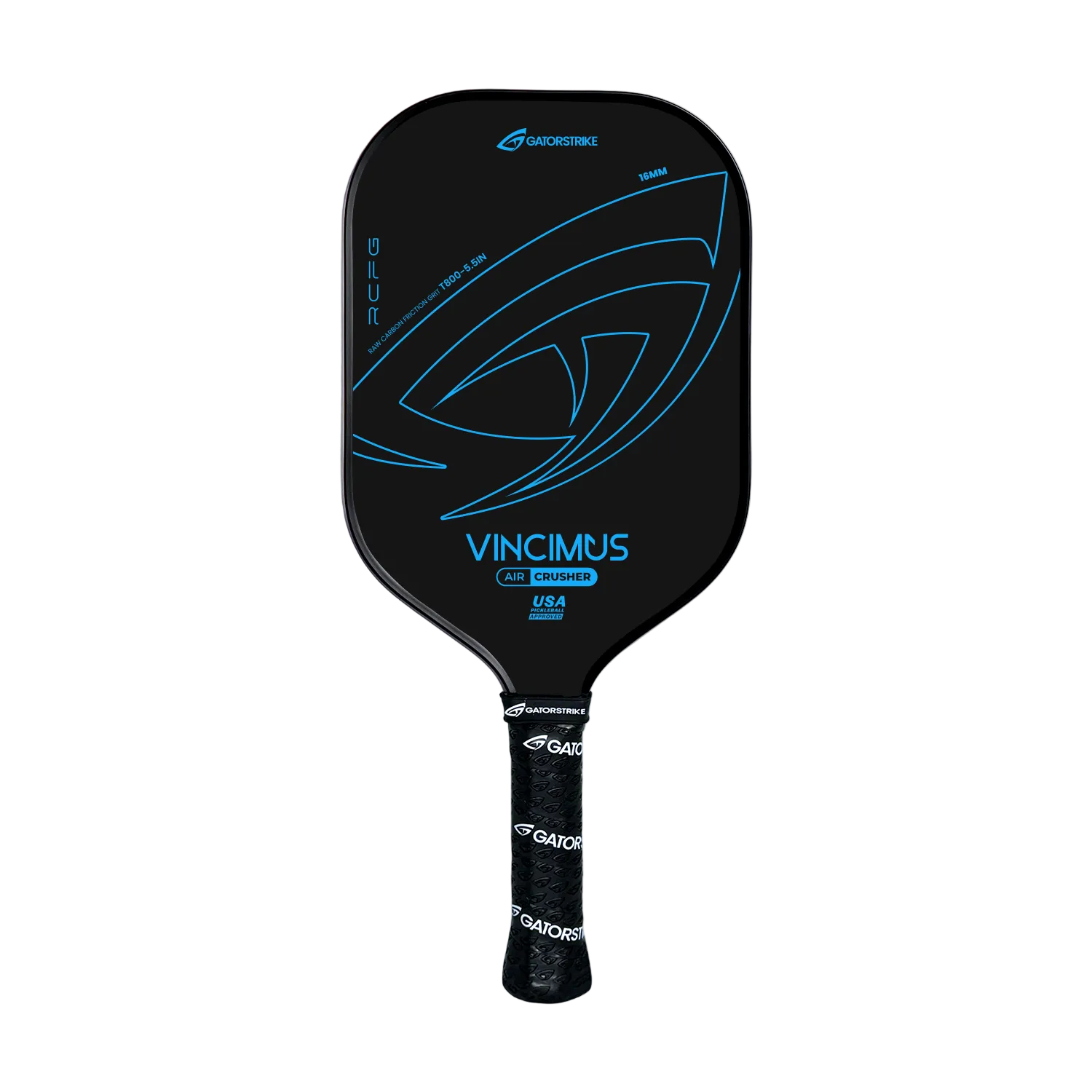 A black GATORSTRIKE lightweight pickleball paddle with blue accents and the word VINCIMUS in bold blue near the bottom. The handle features black grip tape branded with GATORSTRIKE in white text.