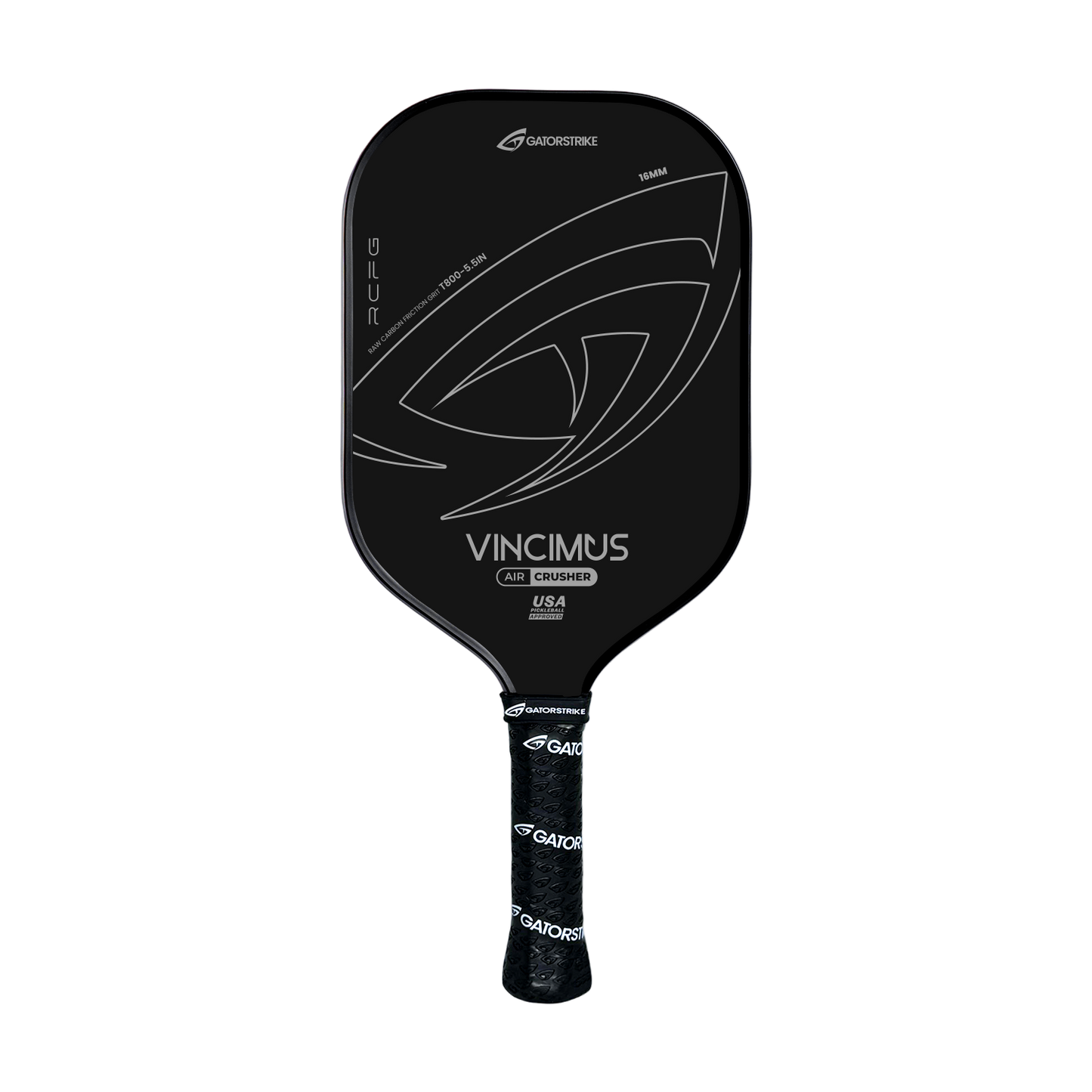 The VINCIMUS - AIR CRUSHER is a black pickleball paddle with a sleek unibody design, white branding and graphics on the face, and a textured black grip handle with white logos.