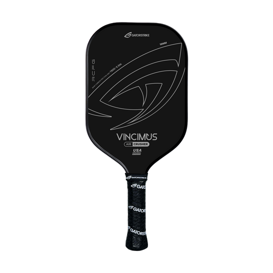 The VINCIMUS - AIR CRUSHER is a black pickleball paddle with a sleek unibody design, white branding and graphics on the face, and a textured black grip handle with white logos.