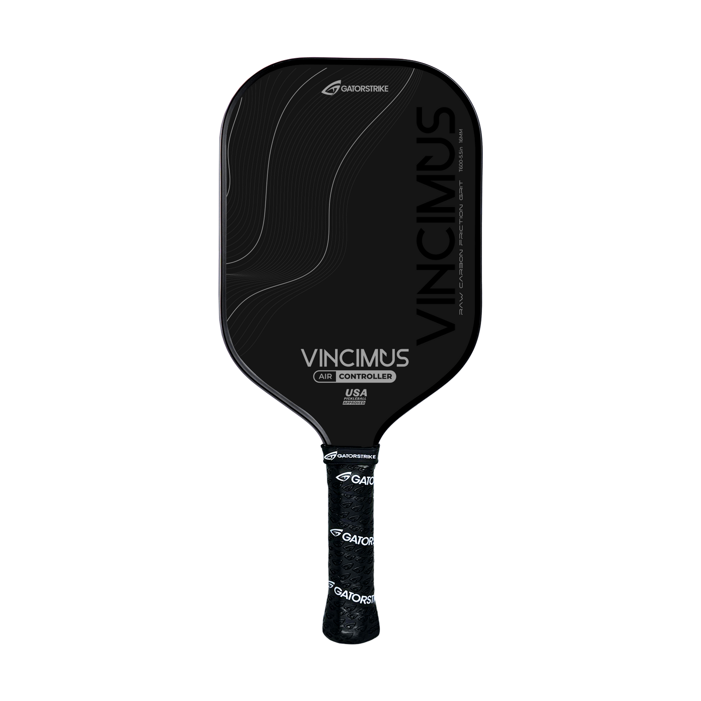 The VINCIMUS - AIR CONTROLLER features a black raw carbon fiber face, wavy line design, and a textured grip with repeated "GAORSTRIKE" logos, all branded with "VINCIMUS" and shown on a light grey background.