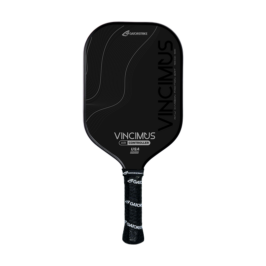 The VINCIMUS - AIR CONTROLLER features a black raw carbon fiber face, wavy line design, and a textured grip with repeated "GAORSTRIKE" logos, all branded with "VINCIMUS" and shown on a light grey background.