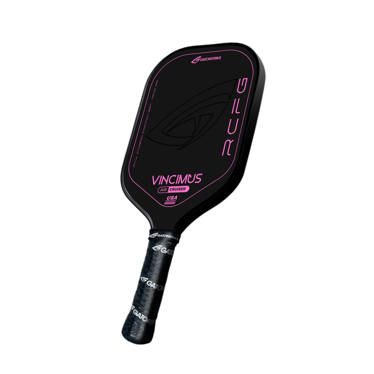 The VINCIMUS - AIR CRUISER is a black pickleball paddle with pink accents, labeled "Vincimus RCFG" and "USA," featuring a carbon fiber face, textured grip, and stylized logo, displayed on a plain light background.