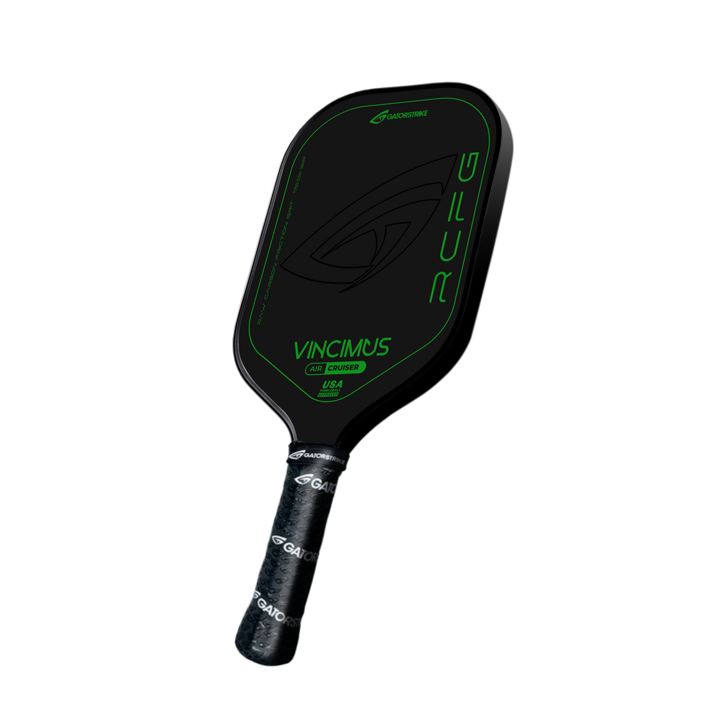 A black GAUZTORNE VINCIMUS - AIR CRUISER pickleball paddle with green accents, carbon fiber face, and lightweight unibody design. Features a textured black grip and bold text on a plain white background.