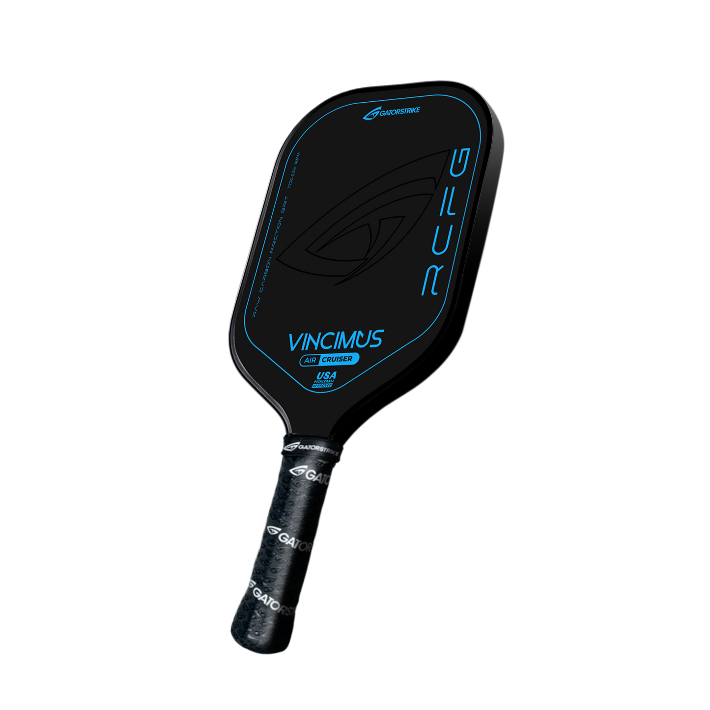 The VINCIMUS - AIR CRUISER is a black pickleball paddle with blue accents, a carbon fiber face displaying "Vincimus" and "USA," and a black handle wrapped in textured grip.