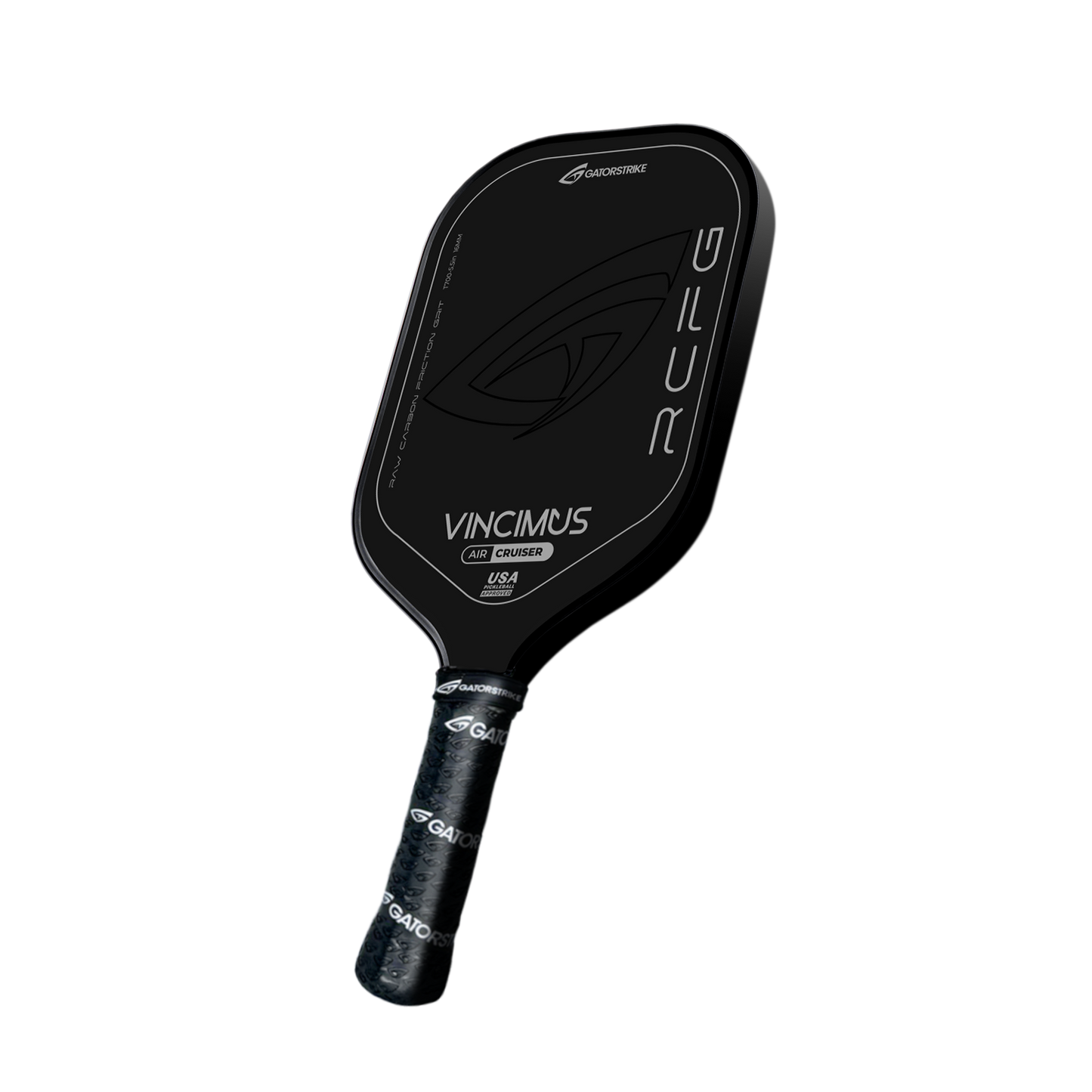 A black VINCIMUS - AIR CRUISER pickleball paddle from Bridgestone features a carbon fiber face, branded logos, a textured grip handle, and lightweight unibody construction, displayed against a plain white background.