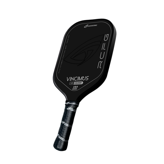 A black VINCIMUS - AIR CRUISER pickleball paddle from Bridgestone features a carbon fiber face, branded logos, a textured grip handle, and lightweight unibody construction, displayed against a plain white background.