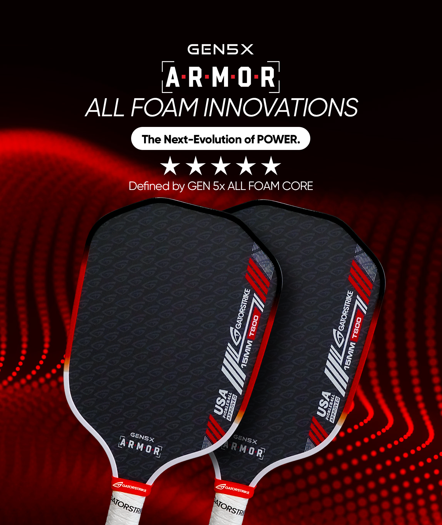 Two black Gen5X Armor pickleball paddles with red accents, set on a dark red background and bold white text. Refer to the GatorStrike pickleball manual.