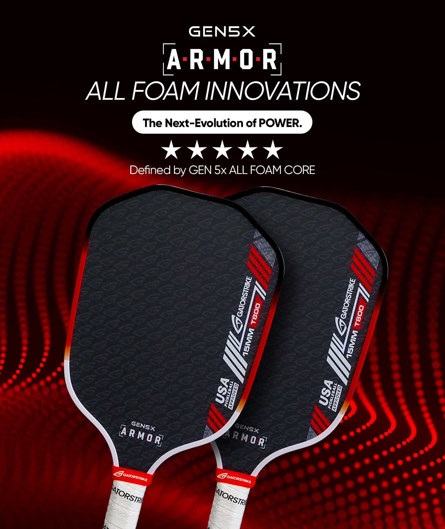 Two black and red pickleball paddles with GEN 5x ARMOR branding, inspired by the official pickleball rules.