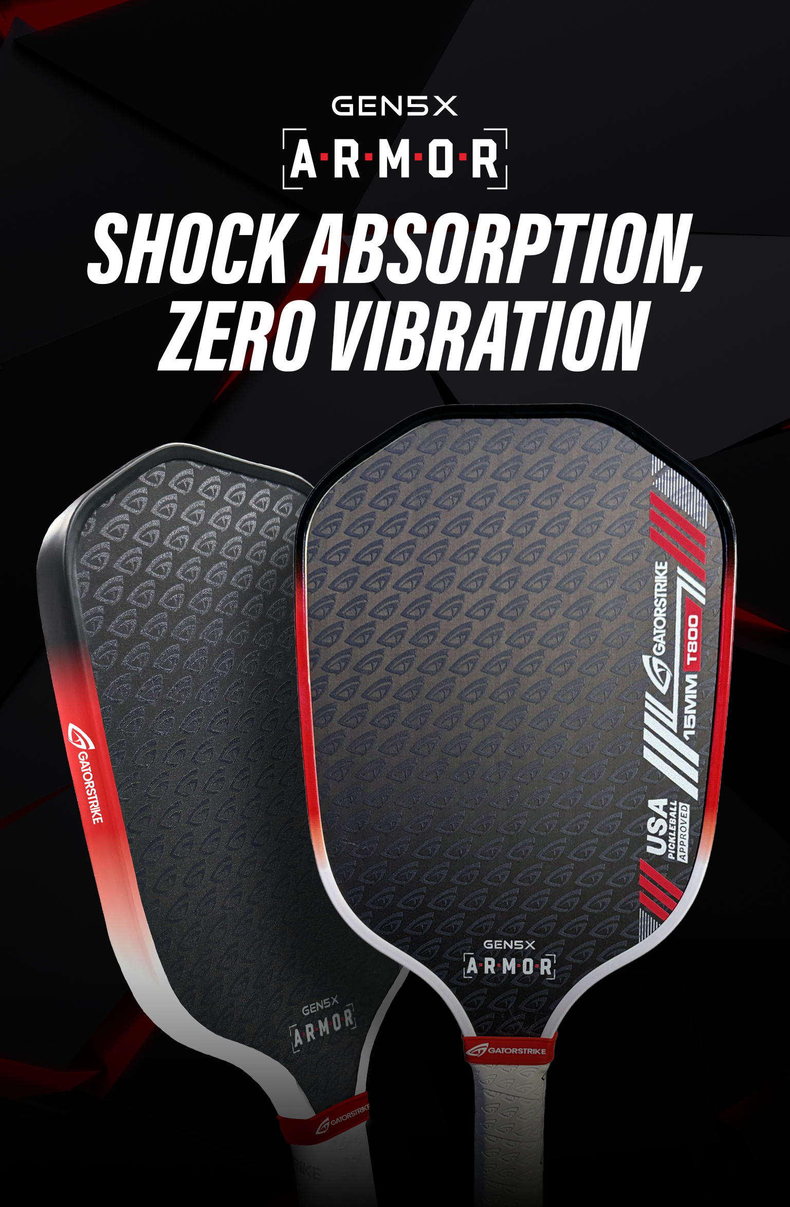 Two black and red pickleball paddles are shown upright against a dark geometric background. Bold white text above reads, Shock Absorption, Zero Vibration. Branding and product details are visible on the paddles and at the top.