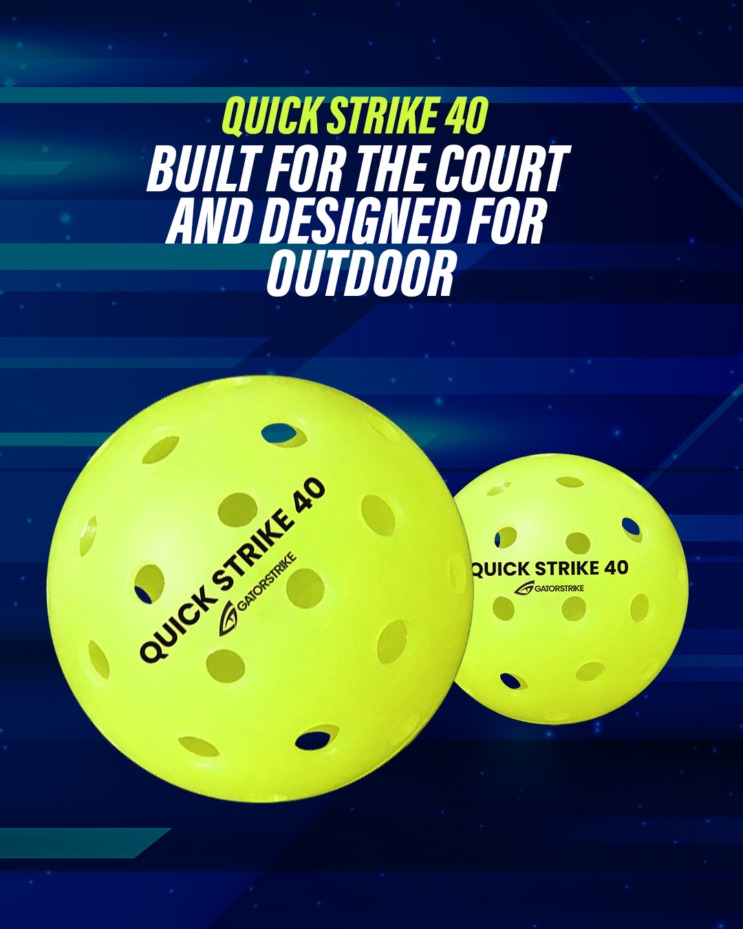 Two yellow perforated pickleballs labeled QUICK STRIKE 40 with bold white text, perfect for your pickleball rules manual.