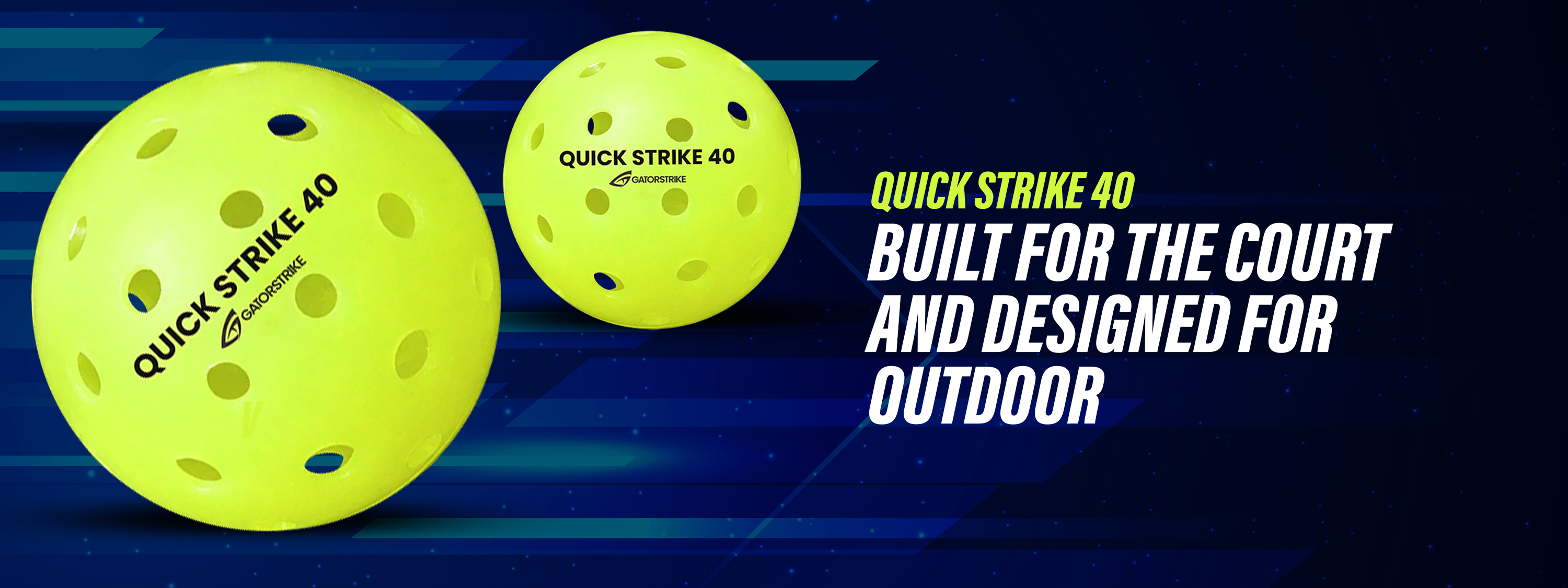 Two yellow “Quick Strike 40” pickleballs on blue with bold white text, featuring the GatorStrike pickleball manual.