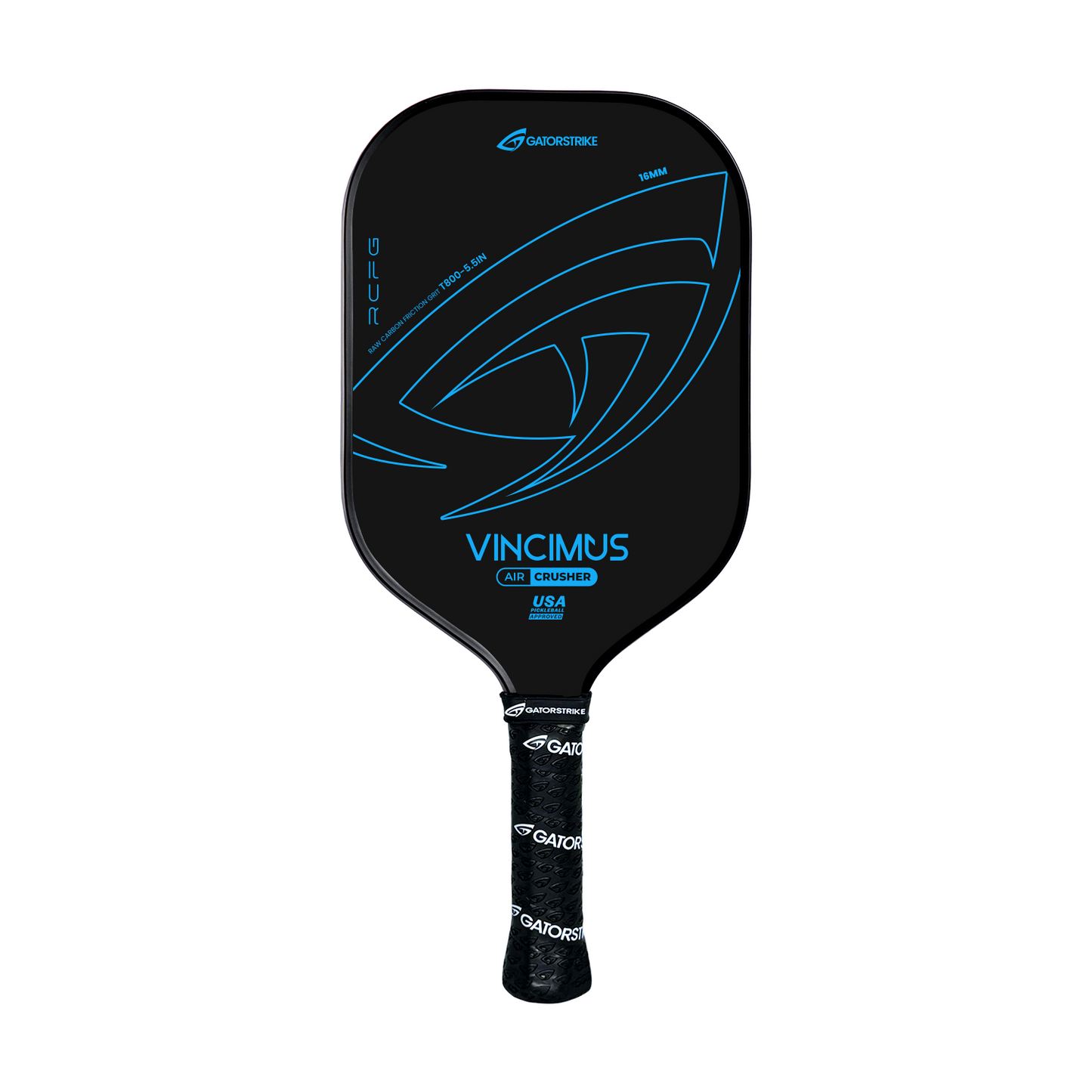 The black VINCIMUS - AIR CRUSHER pickleball paddle features blue accents, a stylized graphic, a textured handle with the brand name, and a unibody carbon fiber grit design for explosive speed and lasting durability.