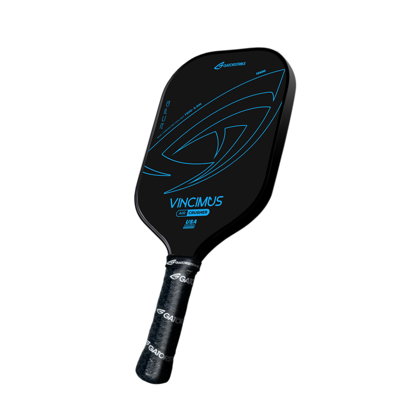 The VINCIMUS - AIR CRUSHER is a black pickleball paddle with blue accents and "VINCIMUS" on the face, featuring a textured black handle, sleek unibody design, and carbon fiber grit for enhanced control.
