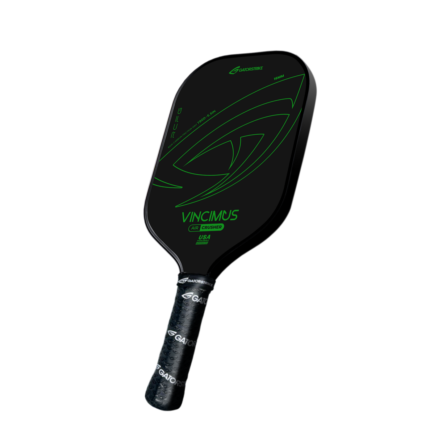 The VINCIMUS - AIR CRUSHER pickleball paddle features a sleek black unibody design with green accents, carbon fiber grit surface for control, black grip tape handle with white branding, and "VINCIMUS" logo on the face.