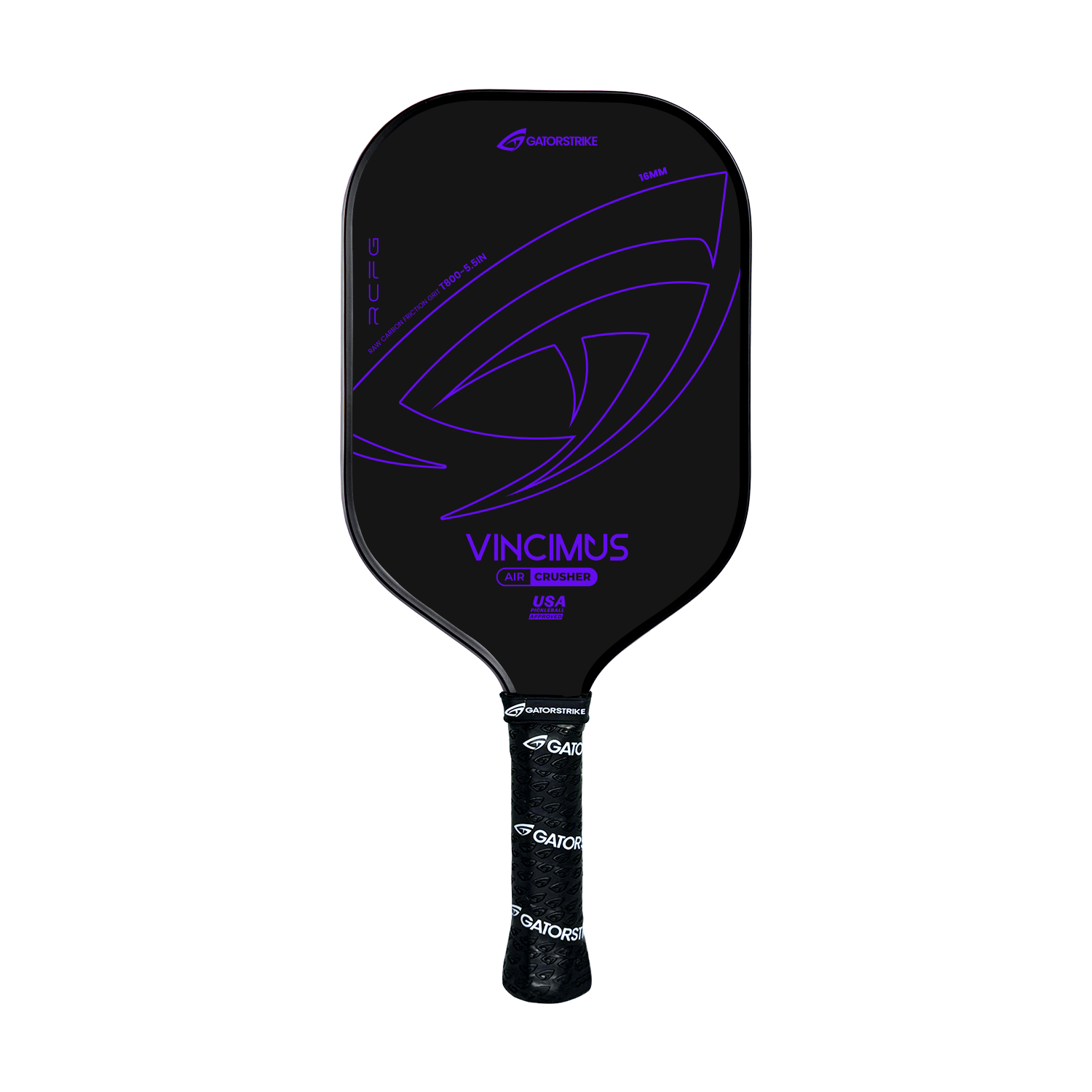 A black carbon fiber pickleball paddle with bold purple geometric lines and “VINCIMUS” in purple at the center. The handle has textured black grip tape with white “GATORSTRIKE” branding. Lightweight unibody design shown on a plain light gray background.