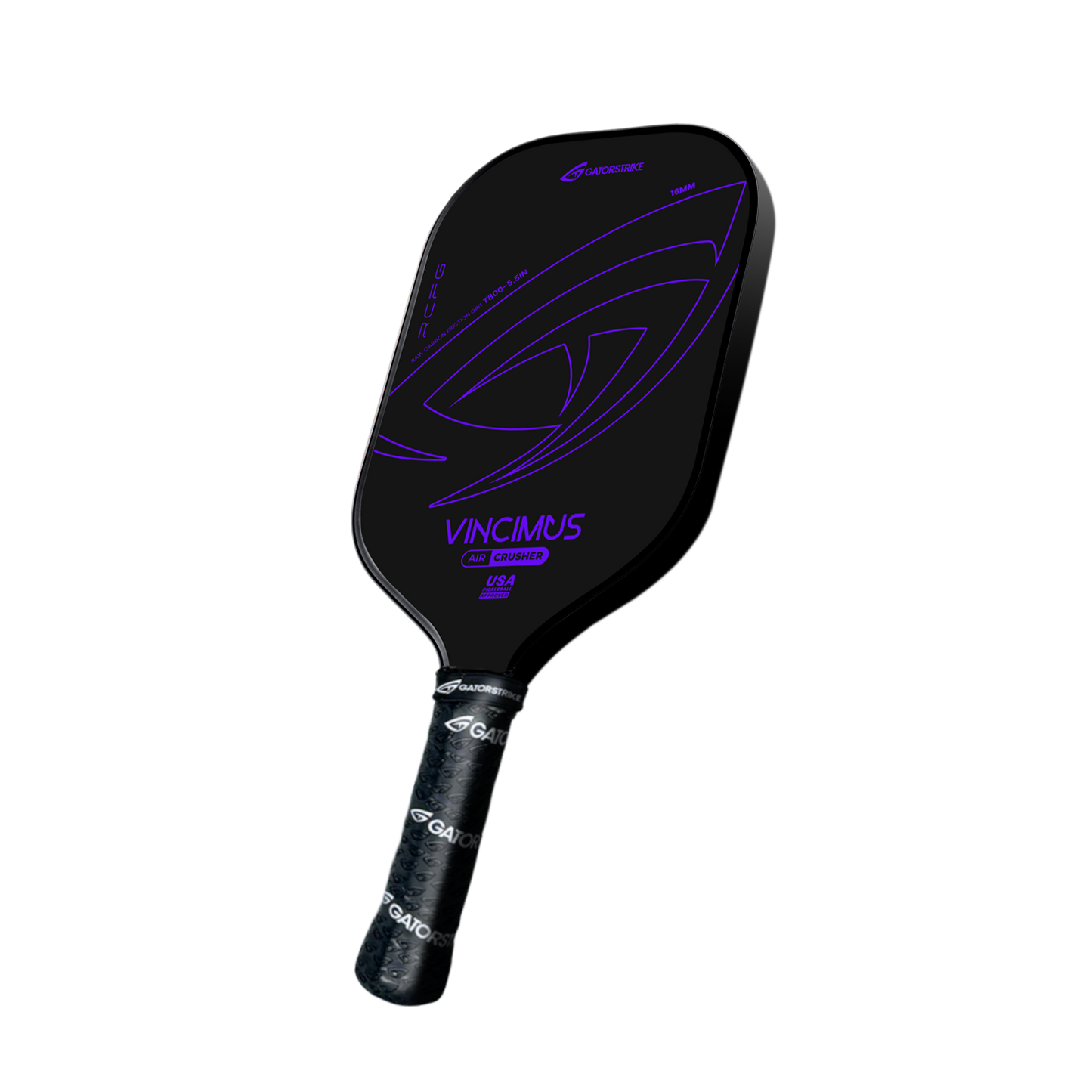 The VINCIMUS - AIR CRUSHER is a black pickleball paddle with purple accents and Vincimus branding. It features a unibody design, carbon fiber grit surface, and a handle wrapped in black GAMMA grip tape on a plain white background.
