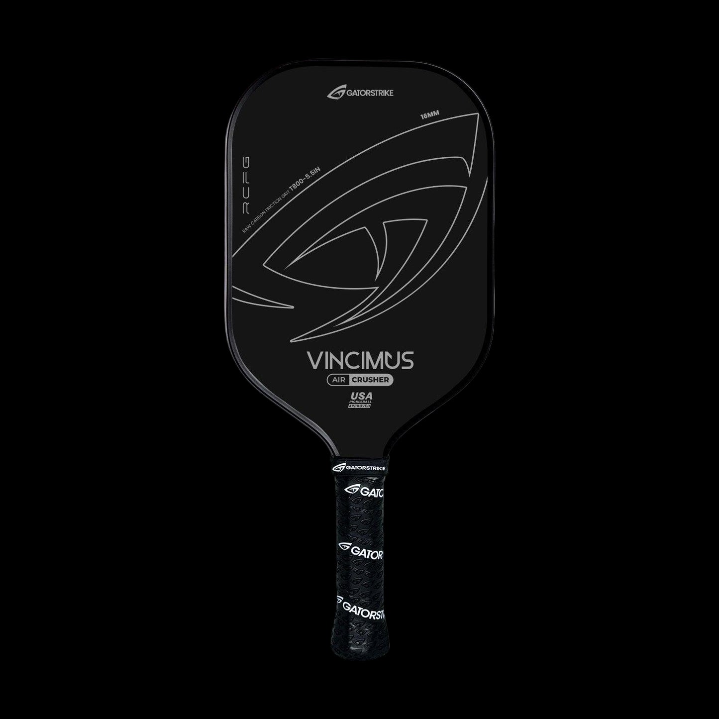 The black VINCIMUS - AIR CRUSHER paddle features a curved unibody design with white “VINCIMUS,” “CORE CRUSHER,” and “USA” text. Its handle displays the GAORSTRIKE logo on textured black for explosive speed.