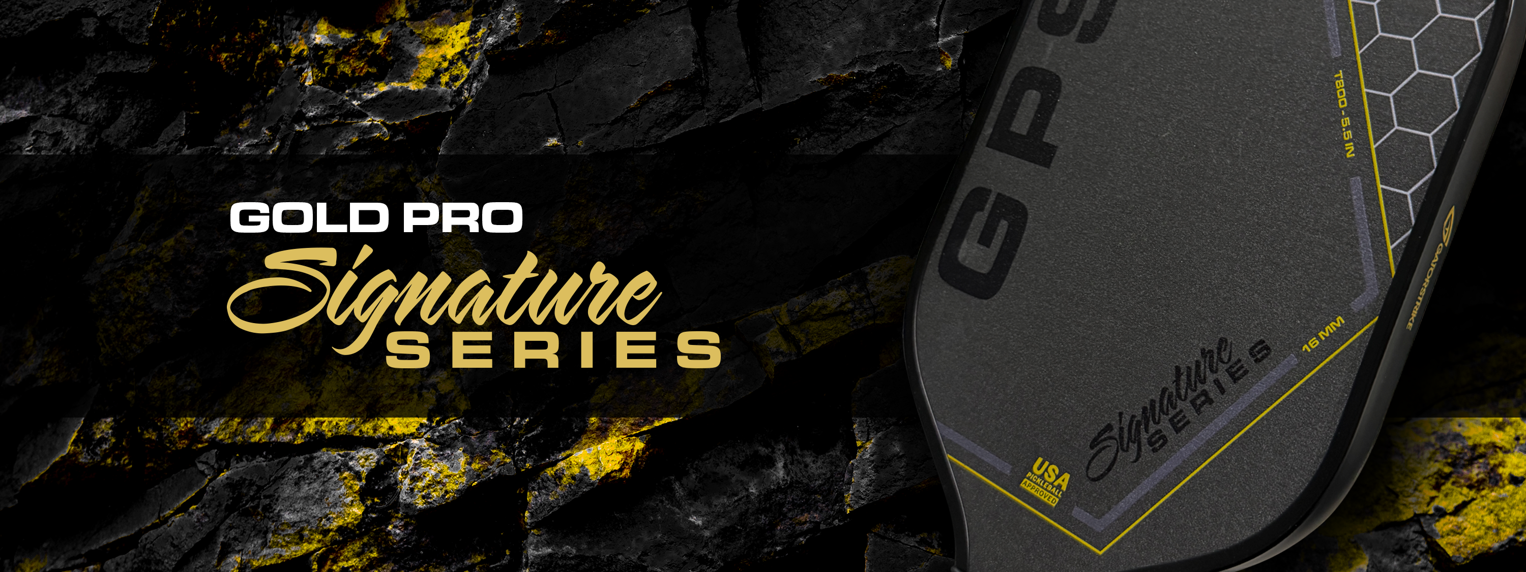 Black and gold textured background with Gold Pro Signature Series text and a GatorStrike pickleball manual sports pad close-up.
