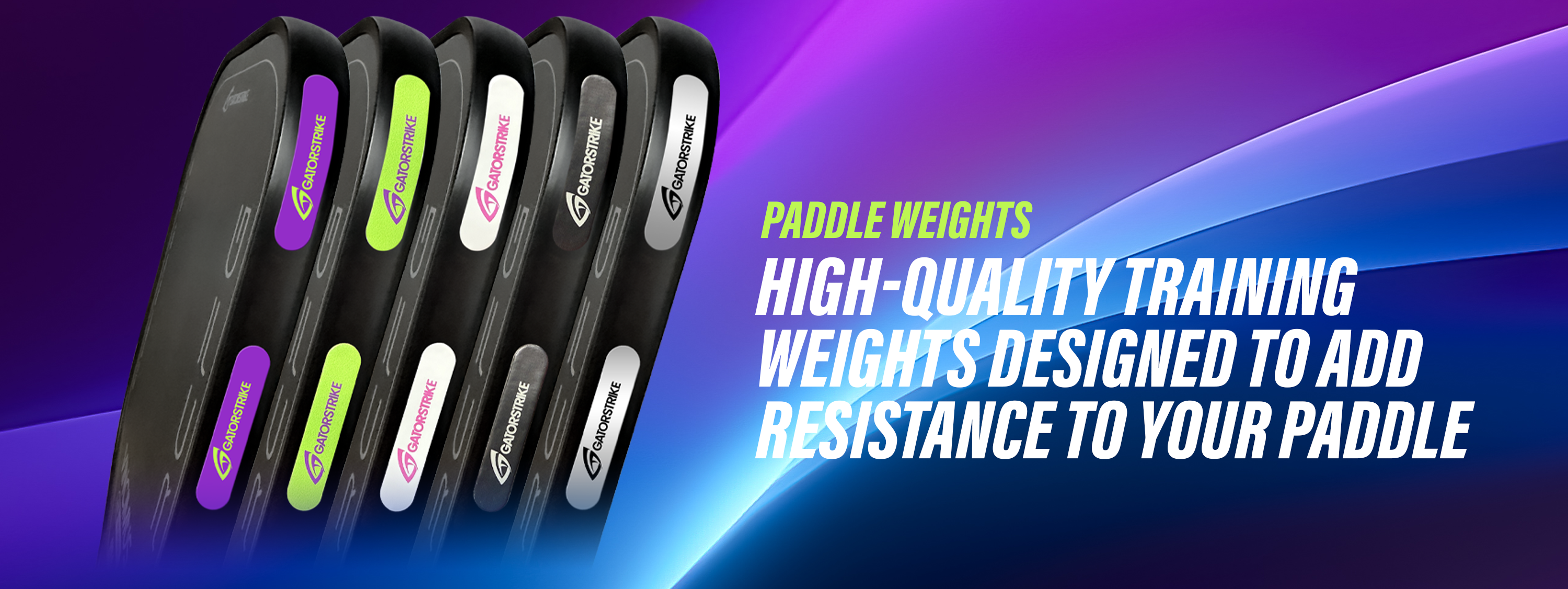 Six black paddle weights with colored labels are shown beside bold text about official pickleball rules and resistance training.