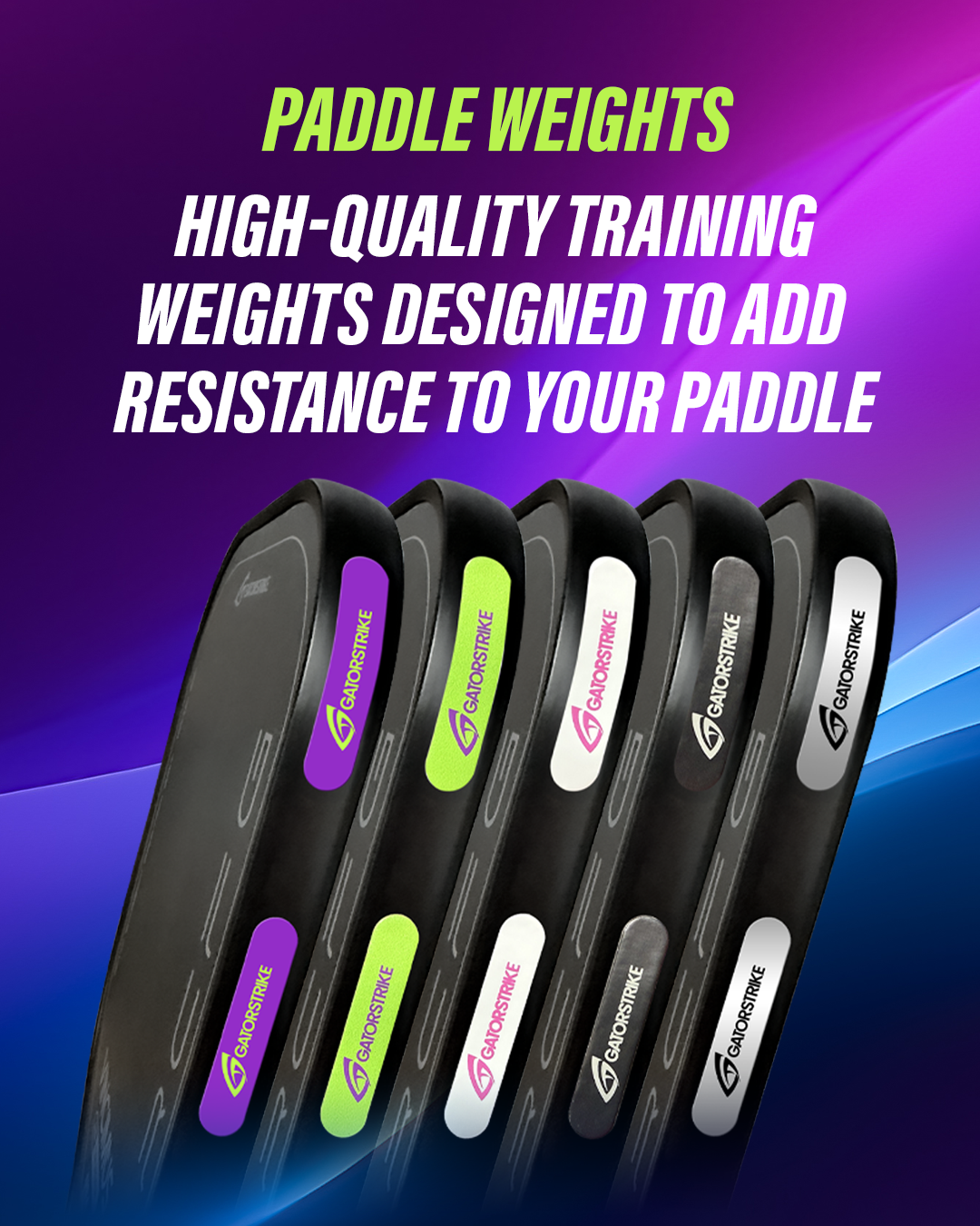 Five black paddle weights with colored labels, displayed upright, reference the official pickleball rules on a blue-purple background.