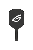 Black pickleball paddle with a white abstract eye logo, shown on a plain light gray background per official pickleball rules.