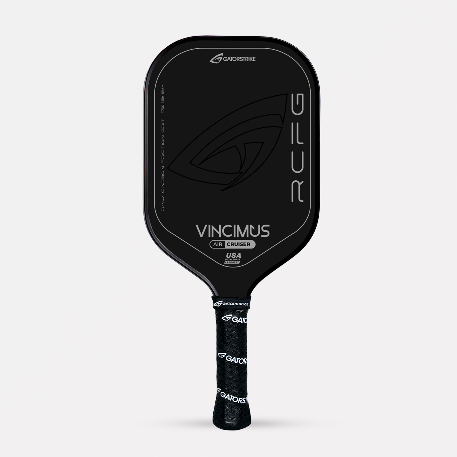 Black pickleball paddle labeled VINCIMUS RCFG with silver accents, Gatorstrike logo, and designed for heavy spin and precision.