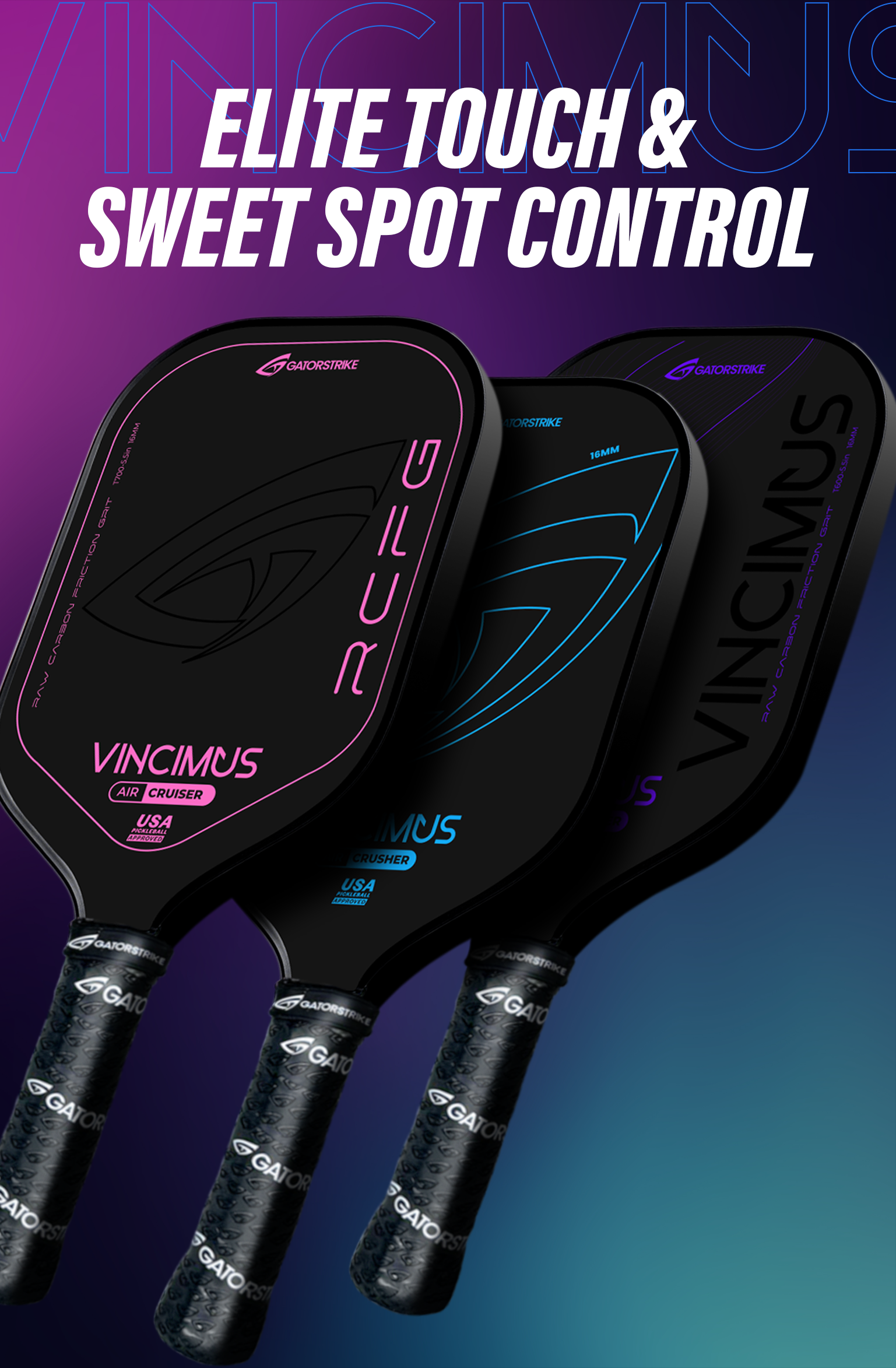 Three black pickleball paddles with purple, blue, and gray accents are shown side by side on a dark gradient background. Bold white and pink text above reads “Elite Touch & Sweet Spot Control.” Branding and paddle details are visible on each handle.