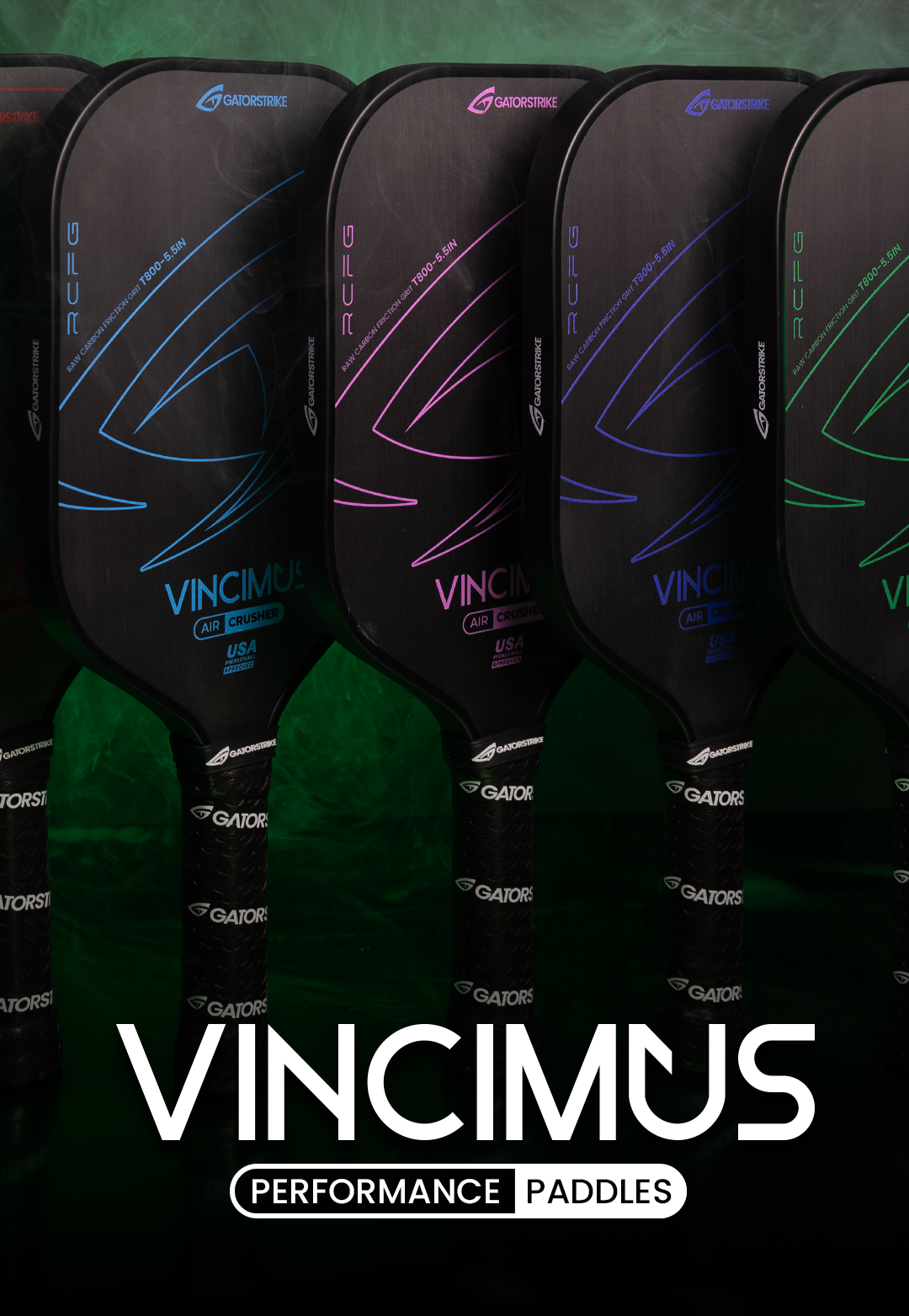 Four VINCIMUS pickleball paddles stand upright above “VINCIMUS PERFORMANCE PADDLES,” reflecting official pickleball rules.
