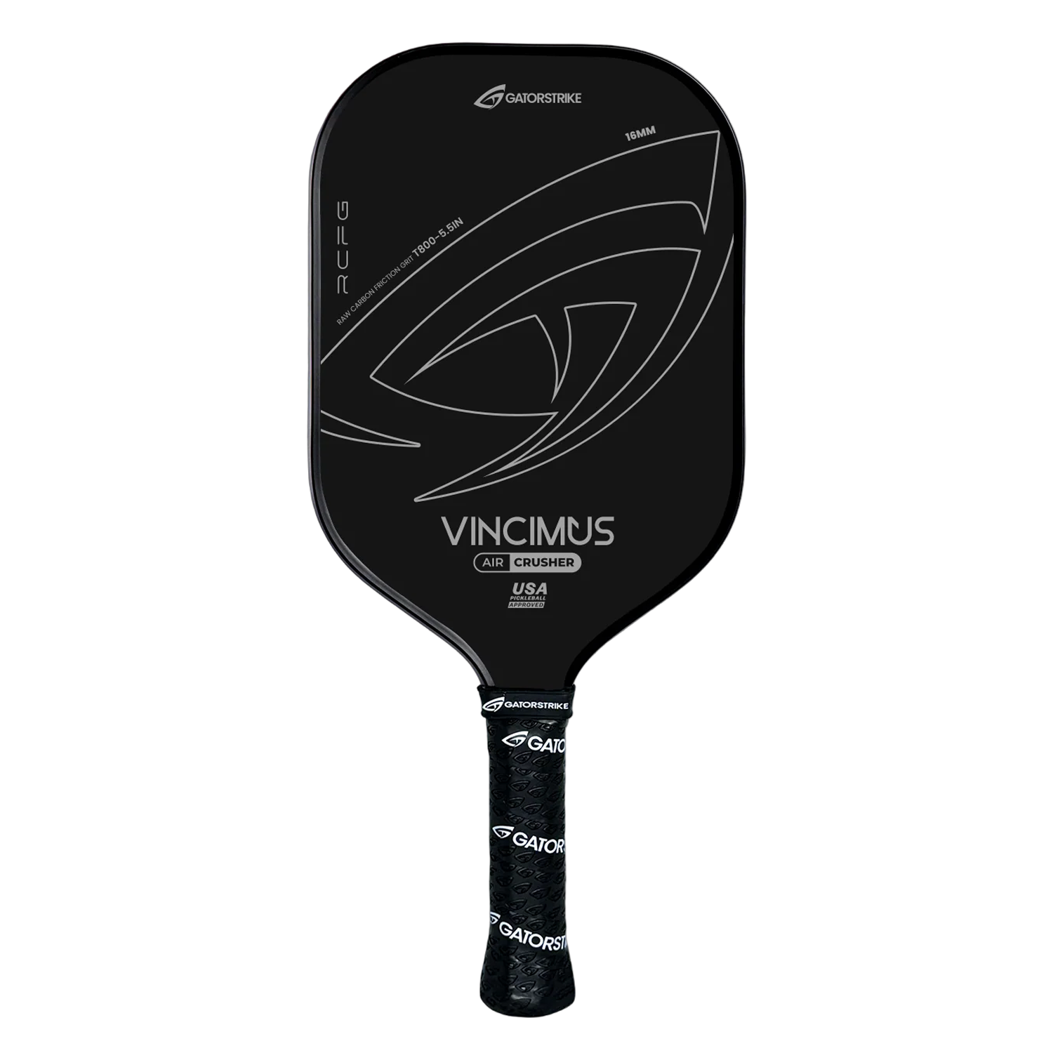 Black pickleball paddle with abstract silver design, Vincimus text, aggressive spin, and a textured handle on white.