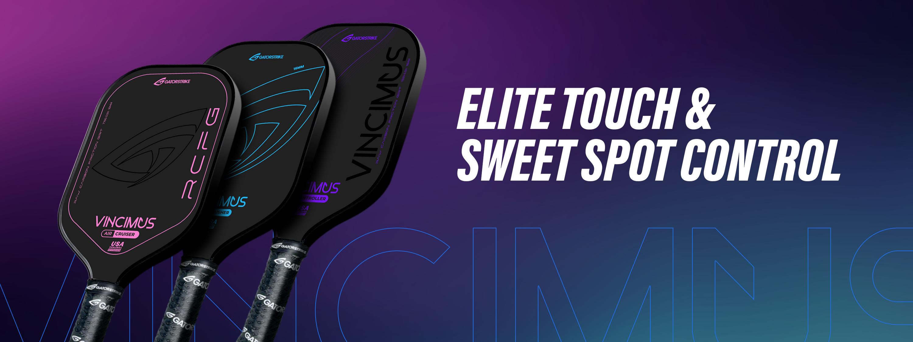 Three Vincimus pickleball paddles stand upright on a blue-purple gradient background. Bold white text reads “ELITE TOUCH & SWEET SPOT CONTROL.” The paddles have black faces with colored accents and the Vincimus logo.