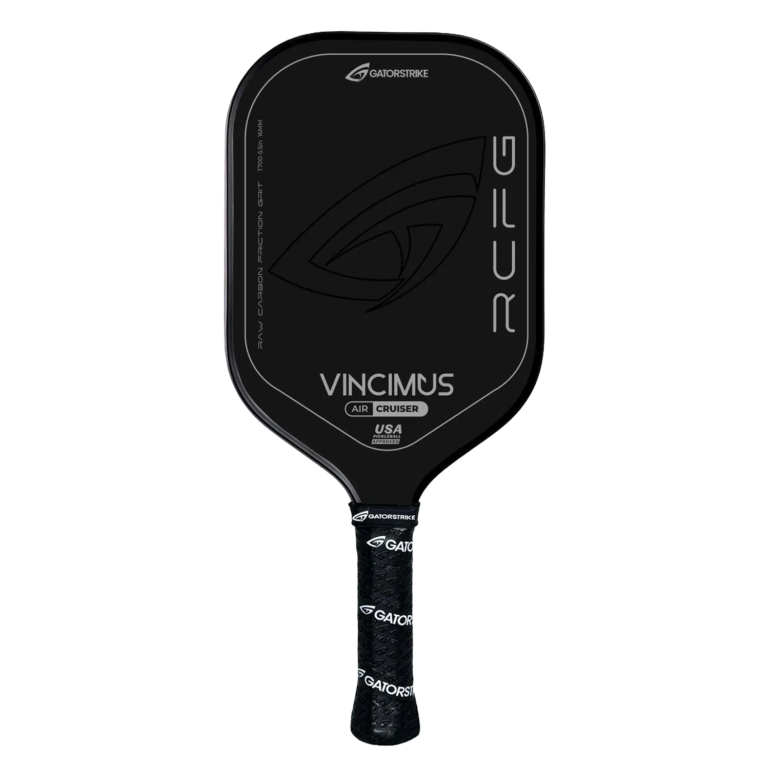 A black Gatorstrike precision paddle with silver accents, logo, and VINCIMUS text on a white background for ultimate control.
