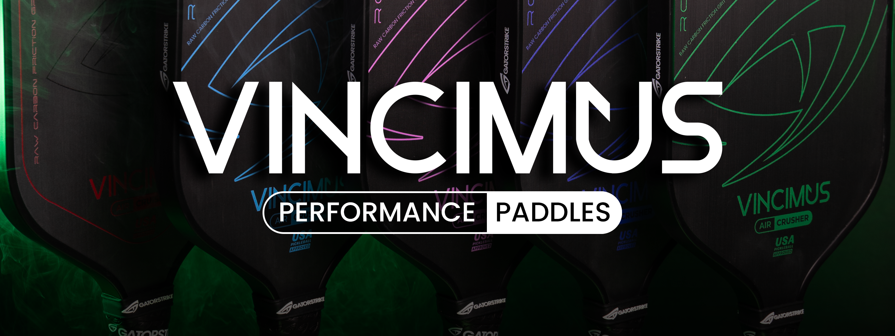 Five Vincimus pickleball paddles with neon accents, showcasing Vincimus Performance Paddles and referencing the official pickleball rules.